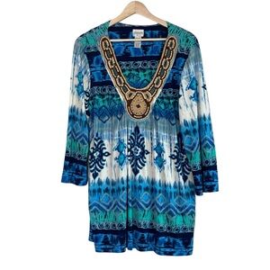 Chico's Tie Dye Beaded Southwestern Tunic Top / Mini Dress Size L Stretchy Knit